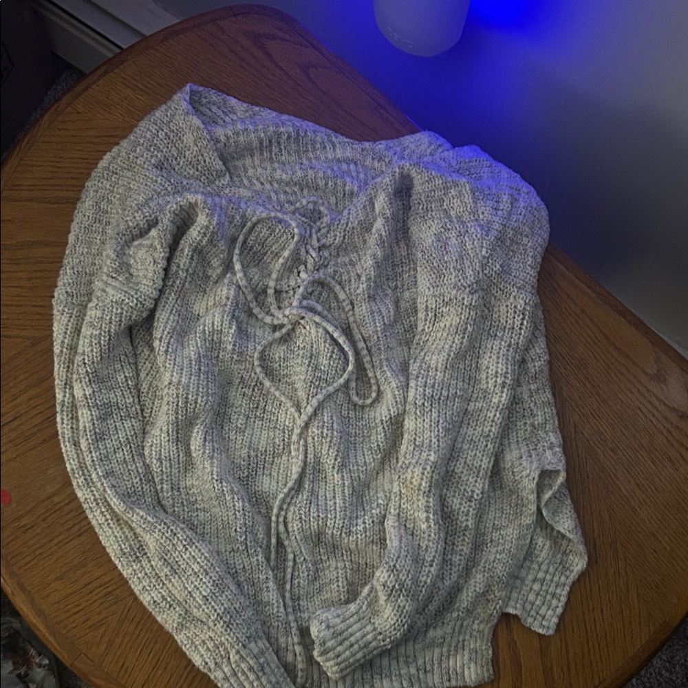 Lush Gray Knit Sweater with Lace-Up Detail